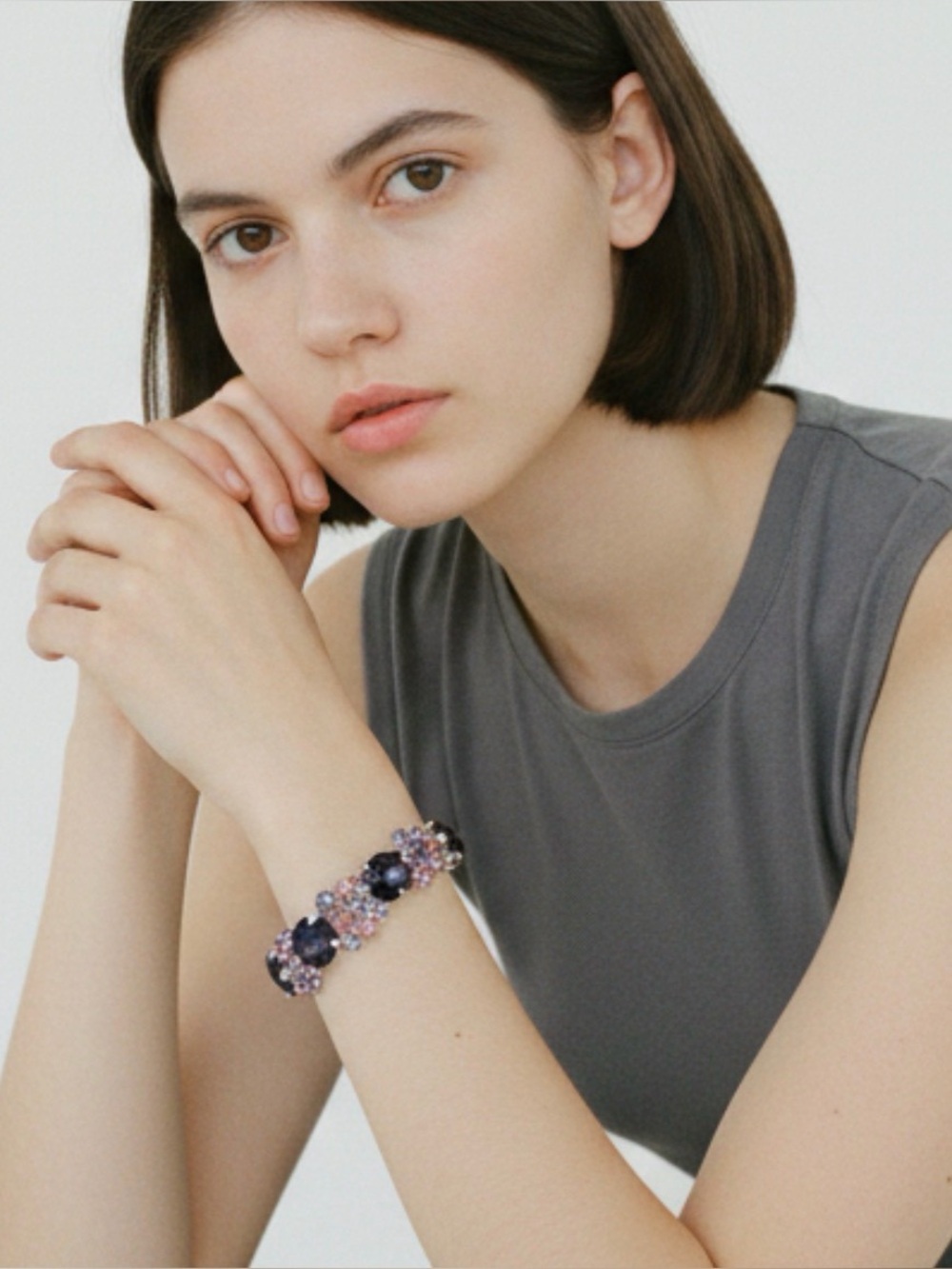 Beaded Silver Bracelet with Purple, Pink and Clear Faux Diamonds Gemstone